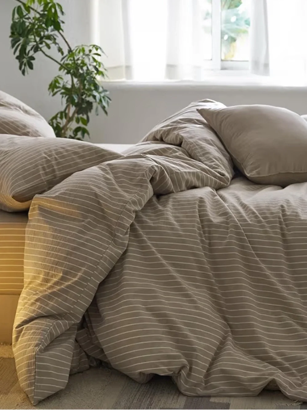 Wide Stripe Tannish Linen Grey & White Bedding Set - Neutral Stripe Comfort